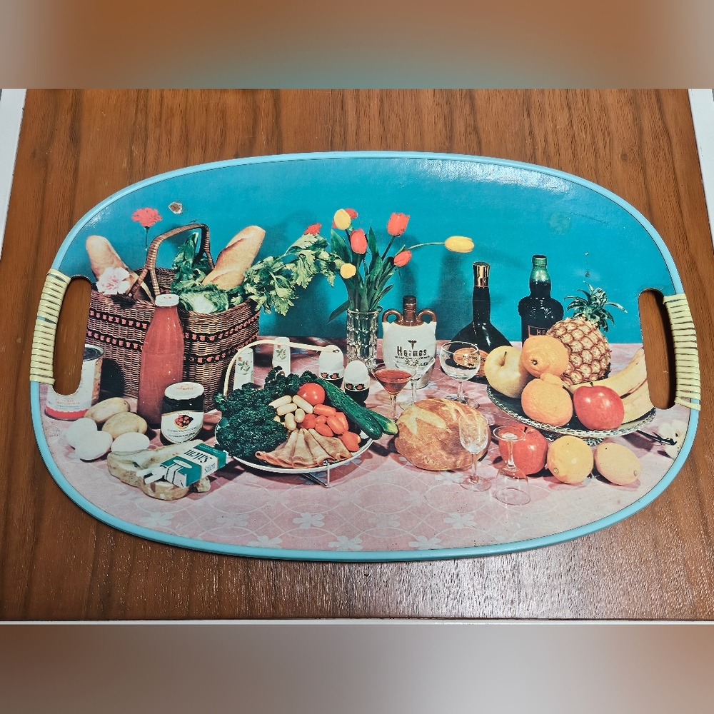 18"x12" Vintage 1950s Cork Cardboard Serving Tray with Picnic Food Drinks Scene